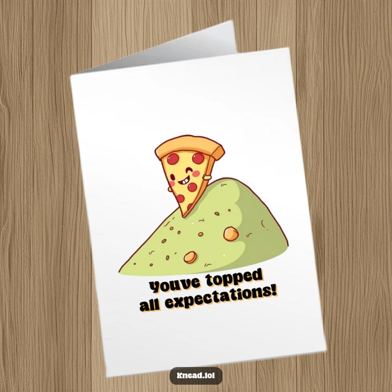 Funny Free Printable congratulations card with a happy pizza slice rolling down a hill, a cheerful downloadable greeting.