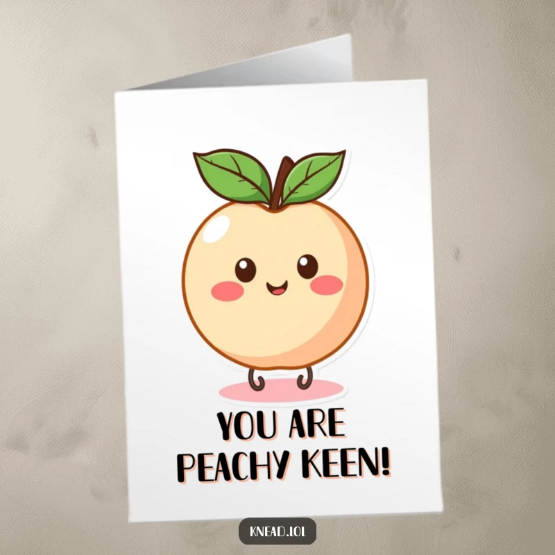 Funny Free Printable Congratulations Card: Happy peach character with eye spots, bouncing cheerfully to celebrate a win.