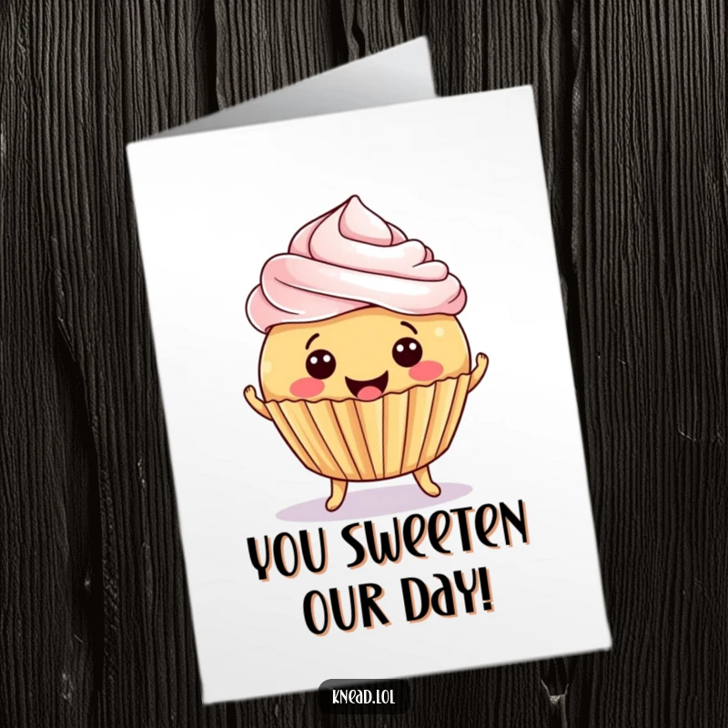 Funny Free Printable Congratulations Card: A round, smiling cupcake with tiny feet, jiggling with excitement for a win.