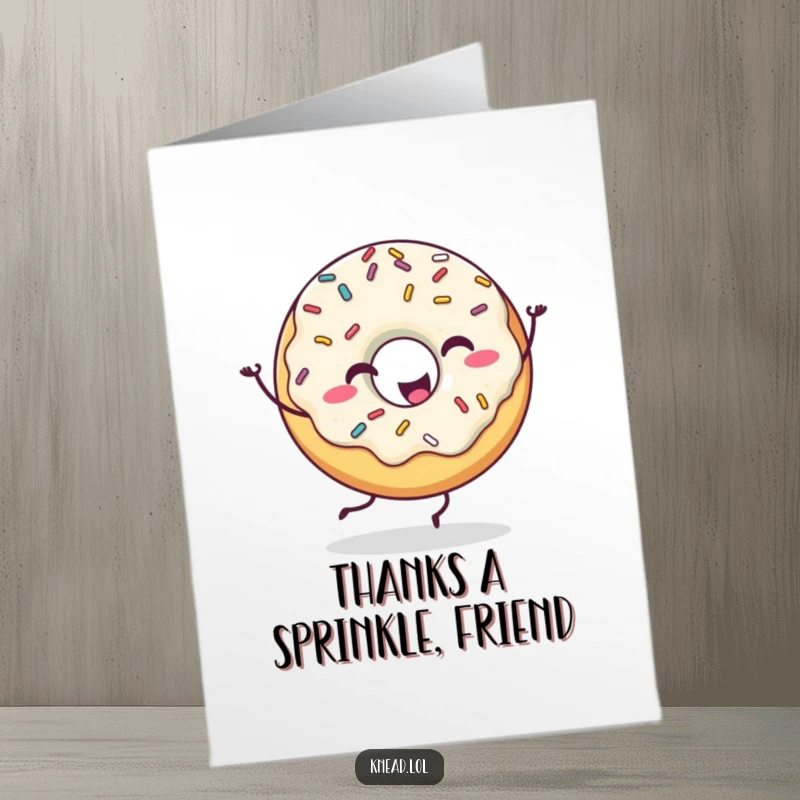 Funny Free Printable thank you card with a happy donut doing a silly dance, a delightful downloadable gift.