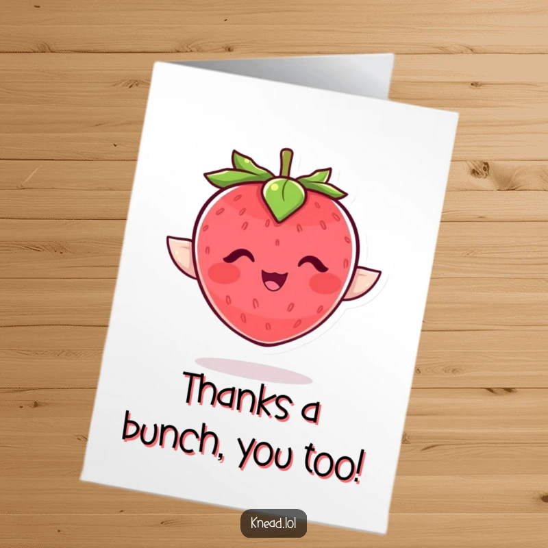 Funny Free Printable Thank You Card: A plump, giggling strawberry with leaf wings flaps joyfully, offering heartfelt thanks.