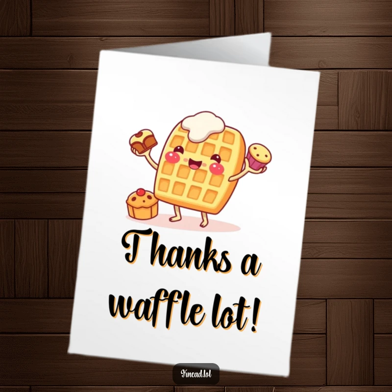 Funny Free Printable Thank You Card: Cheerful waffle character with stubby legs, juggling pastries to say thanks.