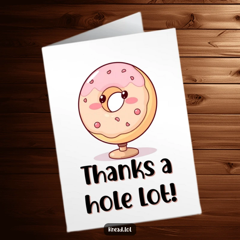 Funny Free Printable Thank You Card: A blushing, plump donut with dot eyes spins on a stand, expressing gratitude.