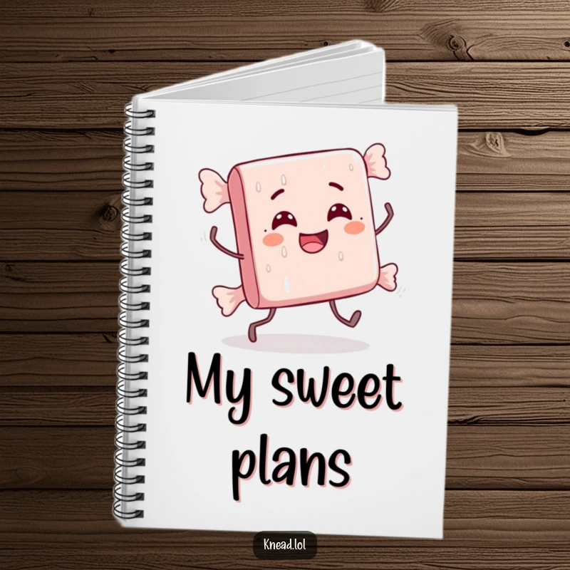 Funny notebook with a delighted candy bar character doing a comically awkward stumble on the cover, ideal for creative thoughts.