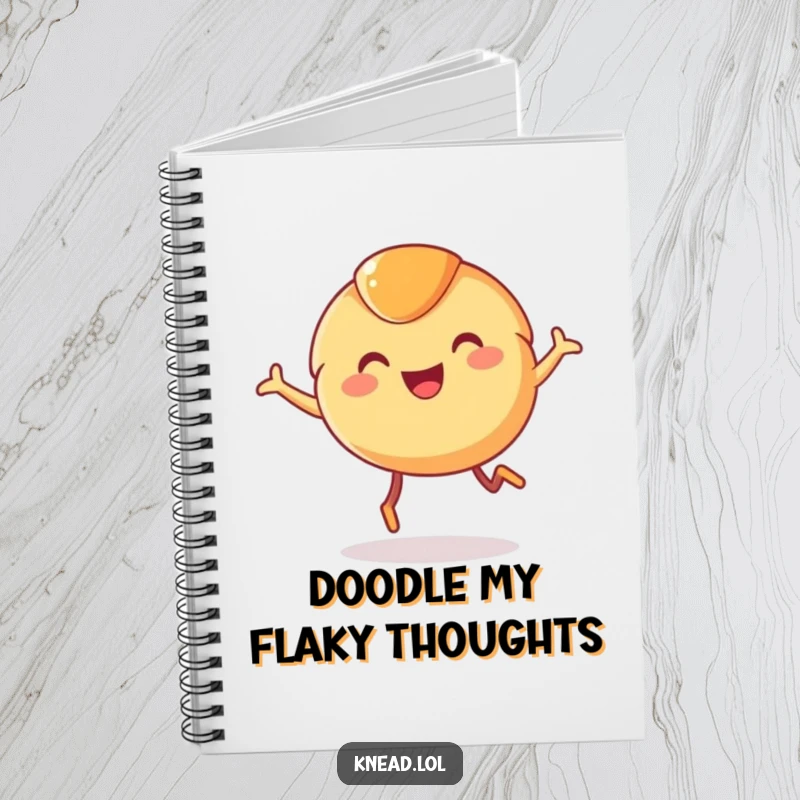 Funny Croissant Notebook with a smiling, joyful croissant character with tiny legs mid-leap, ideal for humorous note-taking and creative work.