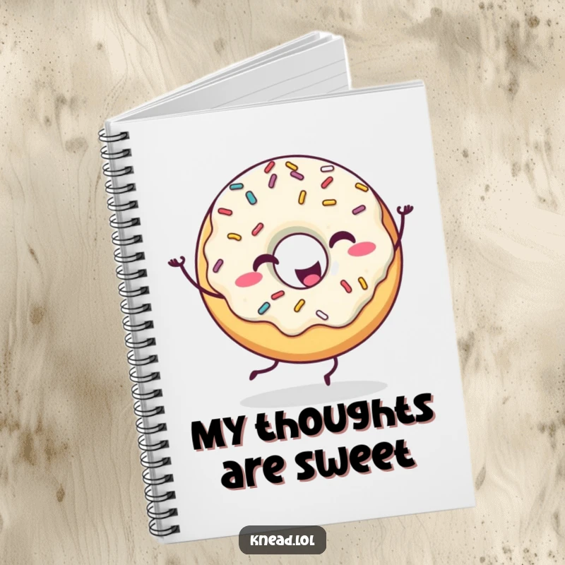 Funny Happy Donut Notebook with a donut character with sprinkles doing a silly dance, ideal for humorous note-taking and creative journaling.