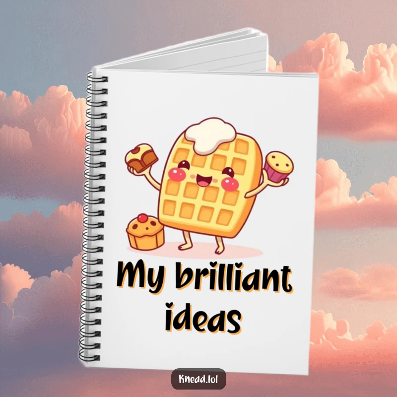 Funny Waffle Juggling Notebook featuring a cheerful waffle character eagerly juggling pastries, ideal for note-taking with a fun and humorous twist.
