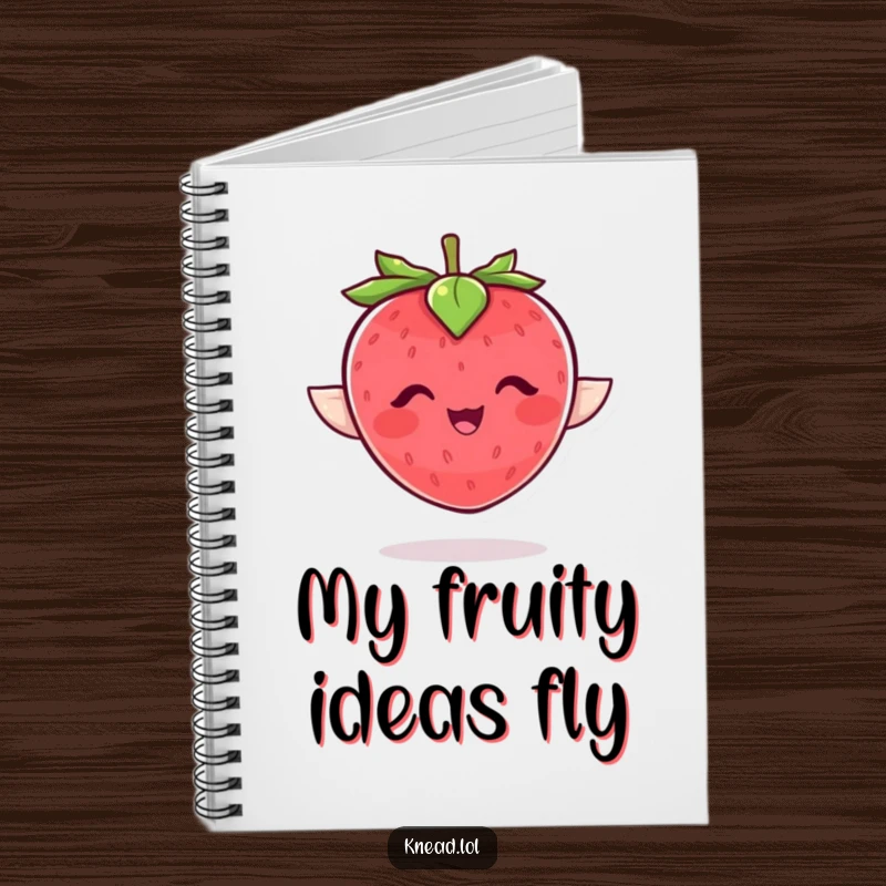 Funny strawberry notebook with a plump, giggling character flapping joyfully, a cute and motivational journal.