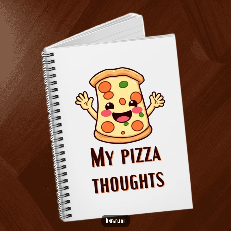 Funny notebook with a cheerful pizza slice character waving hello energetically on the cover, ideal for creative thoughts.