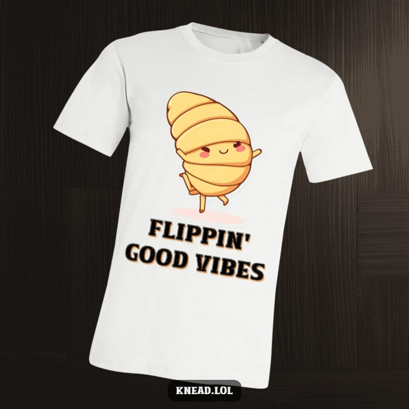 Funny t-shirt with a cheerful croissant character doing a playful cartwheel with small feet, a whimsical pastry design.