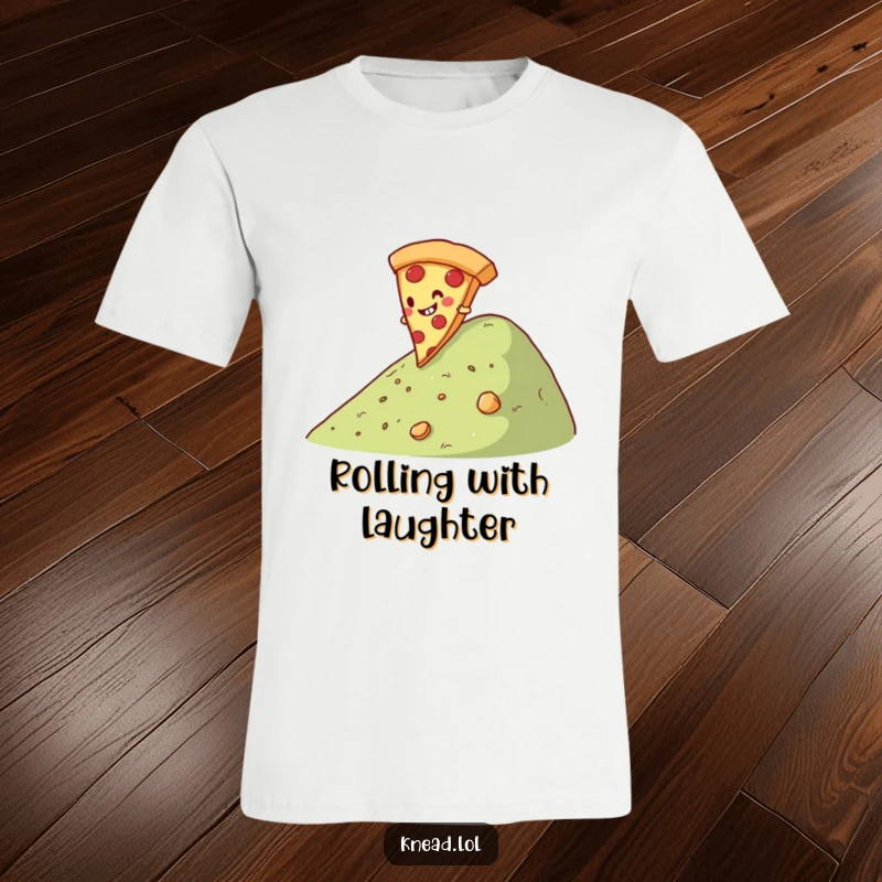 Funny Pizza Slice T-Shirt showcasing a giggling slice of pizza rolling down a hill, a delightful and humorous design for pizza enthusiasts.