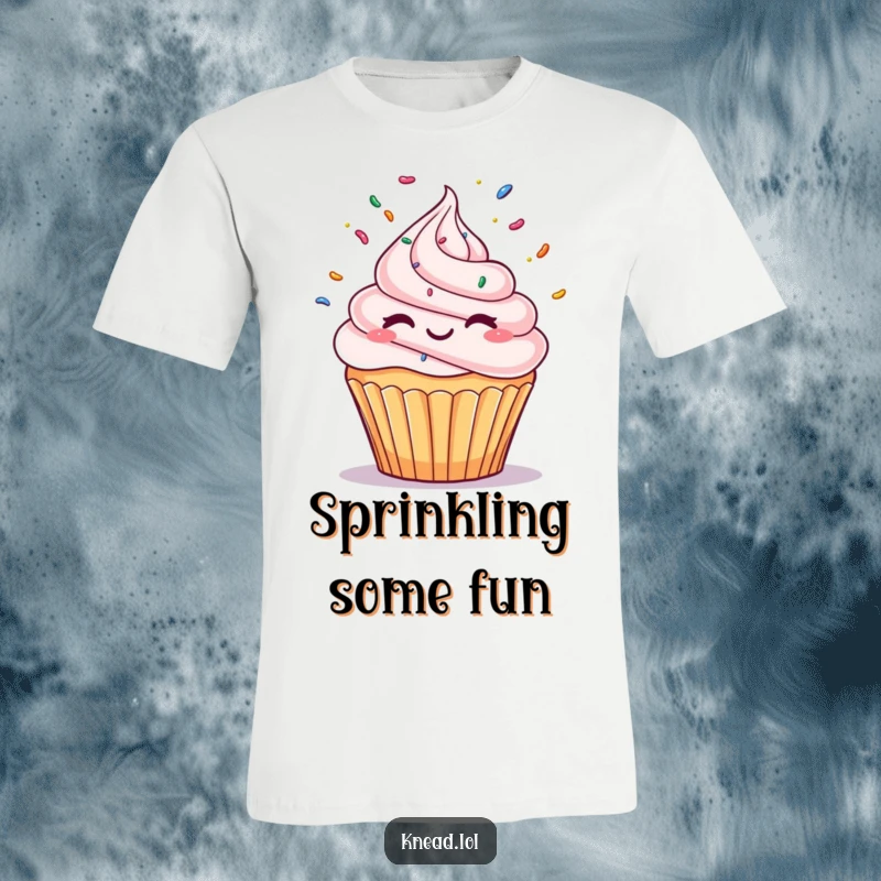 Funny Winking Cupcake T-Shirt showcasing a cupcake juggling sprinkles with a playful wink, a delightful and humorous design for dessert enthusiasts.
