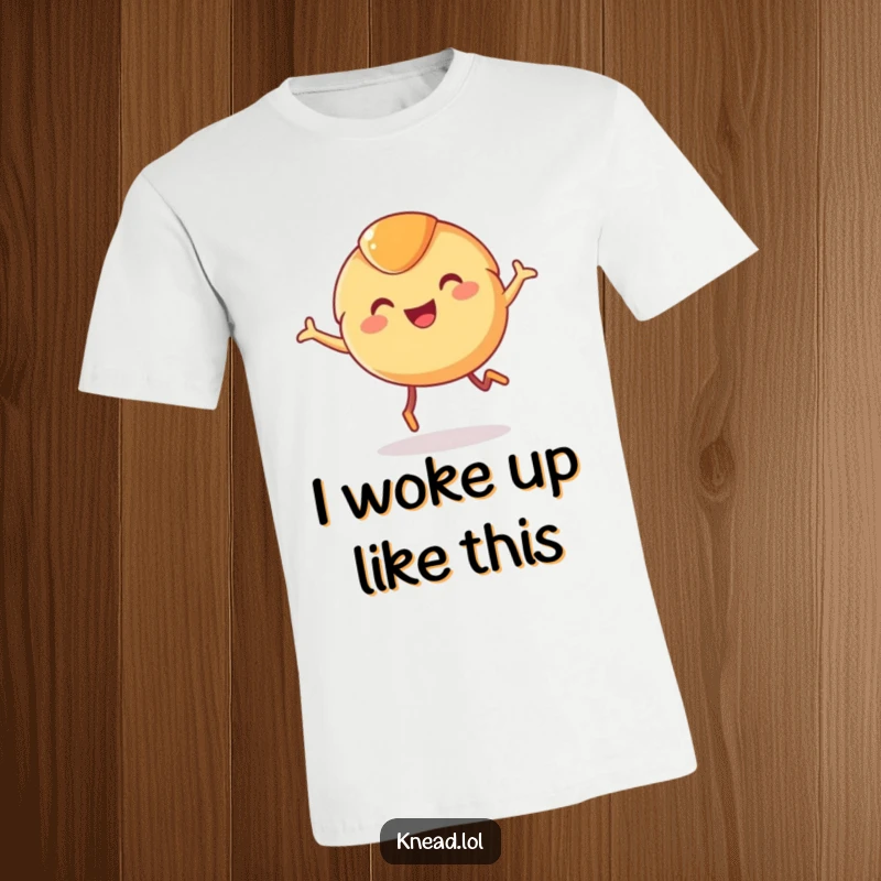 Funny Croissant T-Shirt showcasing a smiling croissant with tiny legs leaping with pure joy, a hilarious and energetic foodie design.