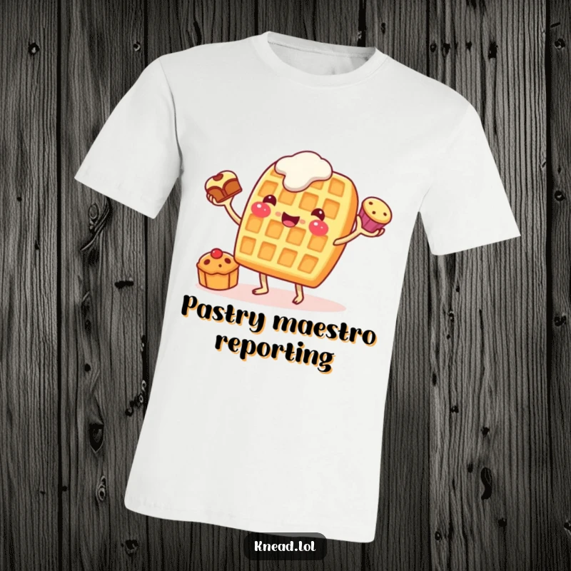 Funny Waffle Juggling T-Shirt showing a cheerful waffle character with stubby legs eagerly juggling three tiny pastries, creating breakfast chaos and fun.