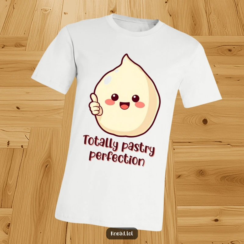 Funny Puffy Pastry T-Shirt showcasing a cheerful pastry giving a thumbs up with its edge, a delightful and funny design for food lovers.
