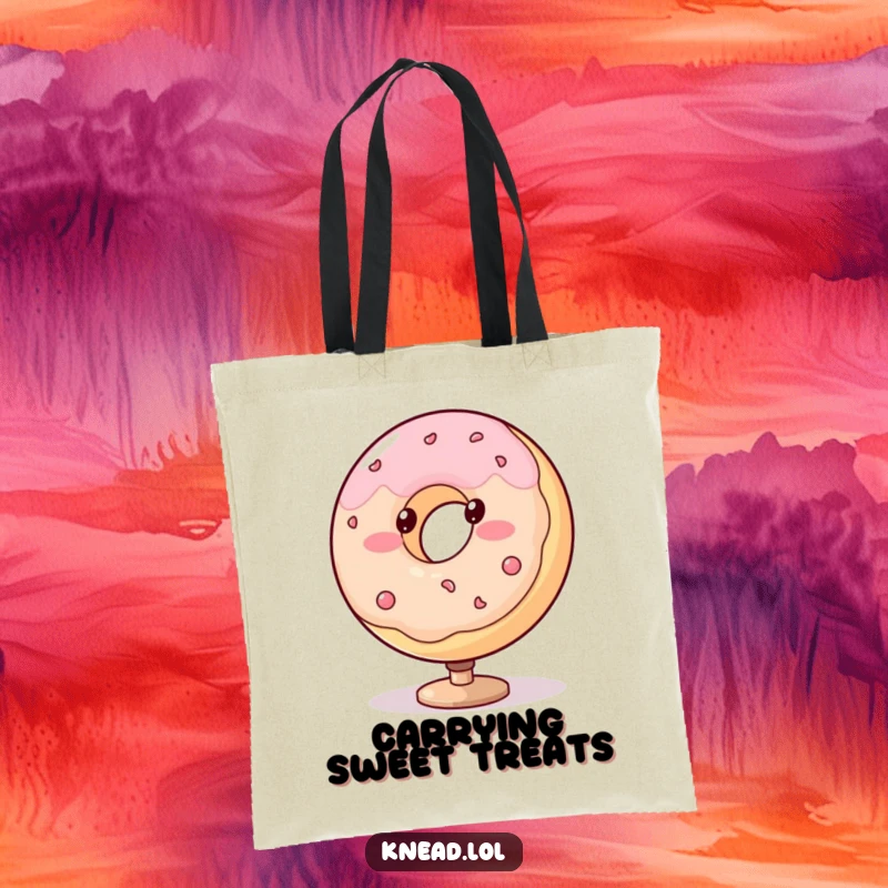 Funny donut tote bag with a blushing, plump character spinning with dotted eyes, a stylish and humorous accessory.