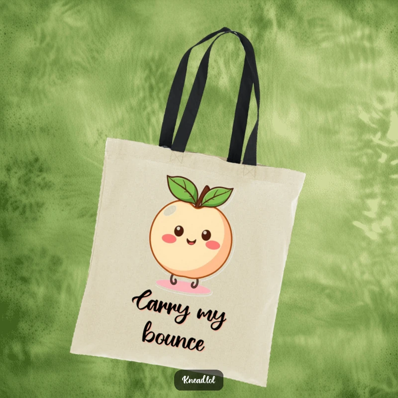 Funny Peach Bounce Tote Bag with a round, happy peach eagerly bouncing, ideal for carrying items with fruity humor.
