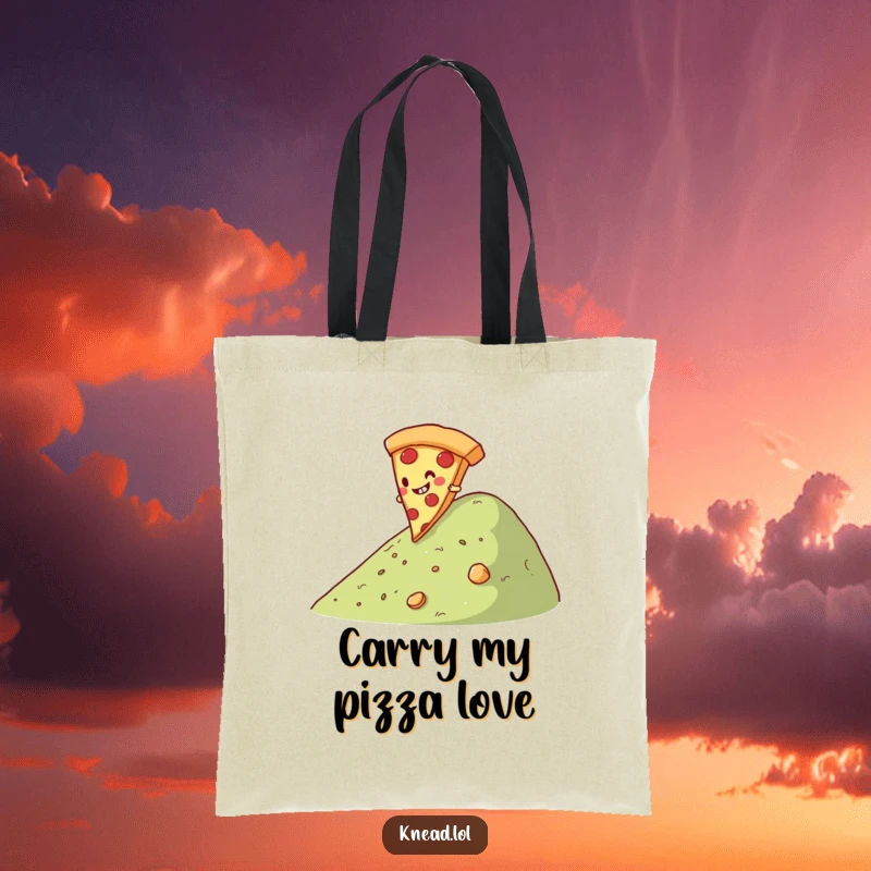 Funny Pizza Slice Tote Bag with a giggling pizza slice character rolling down a hill, a practical and humorous accessory for pizza fans.