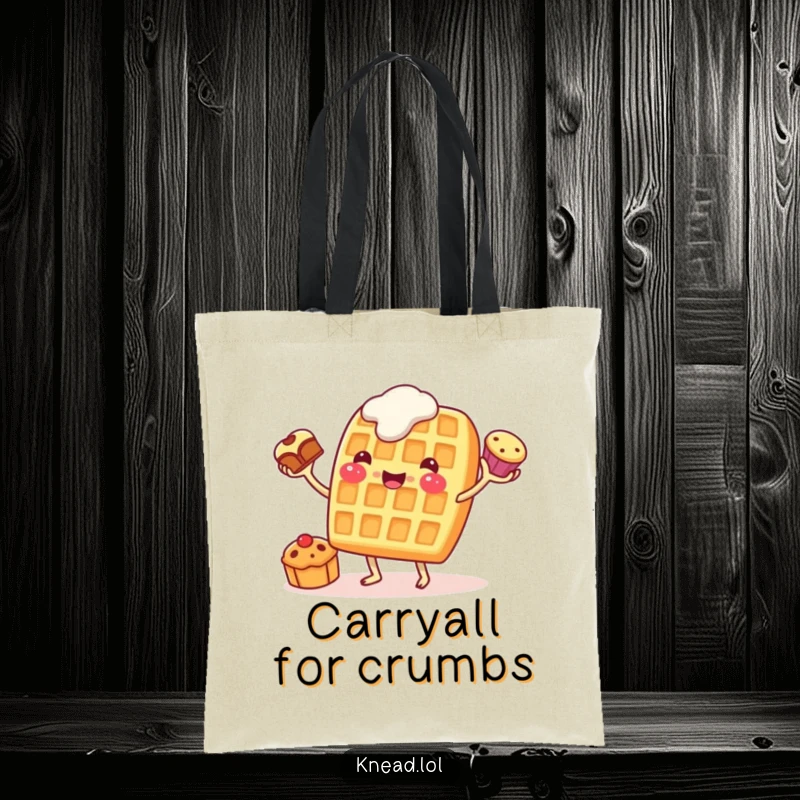 Funny Waffle Juggling Tote Bag with a cheerful waffle character eagerly juggling pastries, ideal for carrying items with breakfast humor.