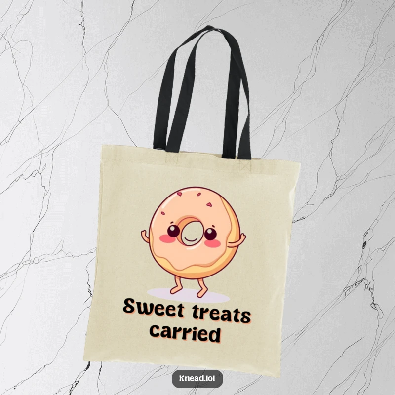 Funny Donut Tote Bag: A wiggling jelly donut with tiny feet performing a funny dance move, perfect for carrying goodies.